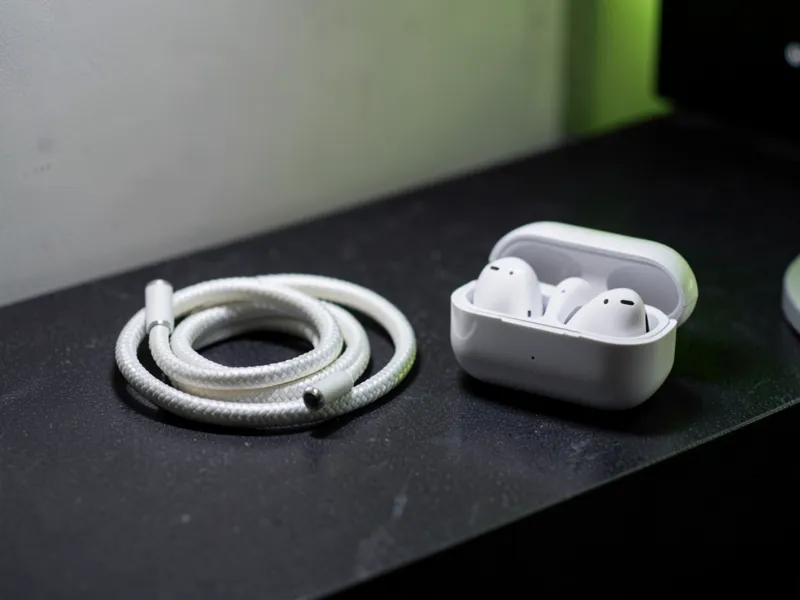 Carregador, cabo e fones sem fio sobre o balcão